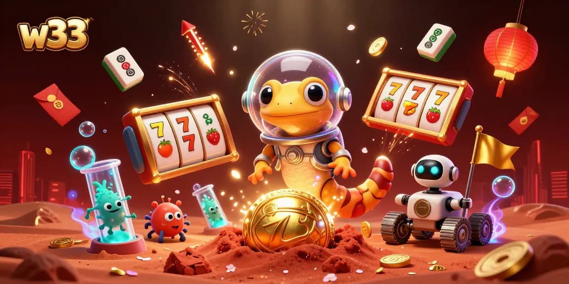 Play exciting w33 pokies with dynamic slot reels and thrilling themes in this vibrant illustration.