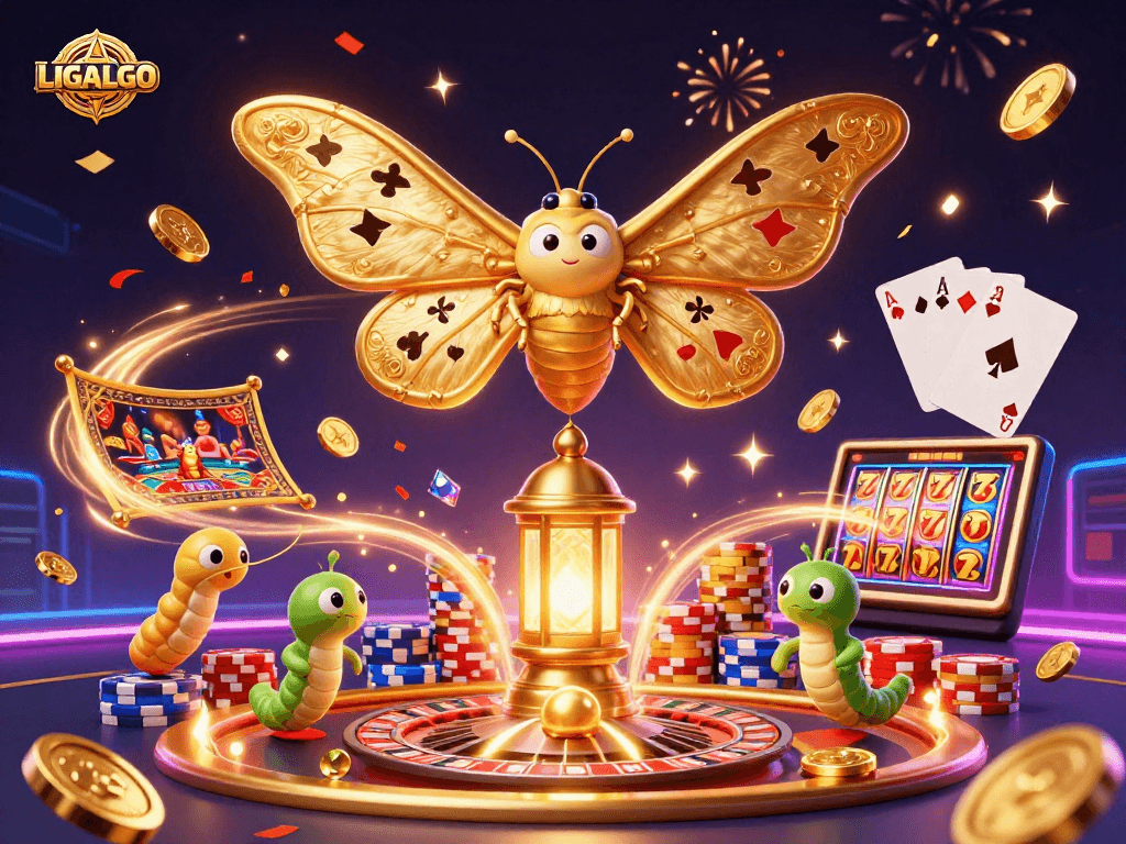 LIGALGO showcases a vibrant digital casino scene with spinning roulette, dazzling coins, and captivating gameplay elements.