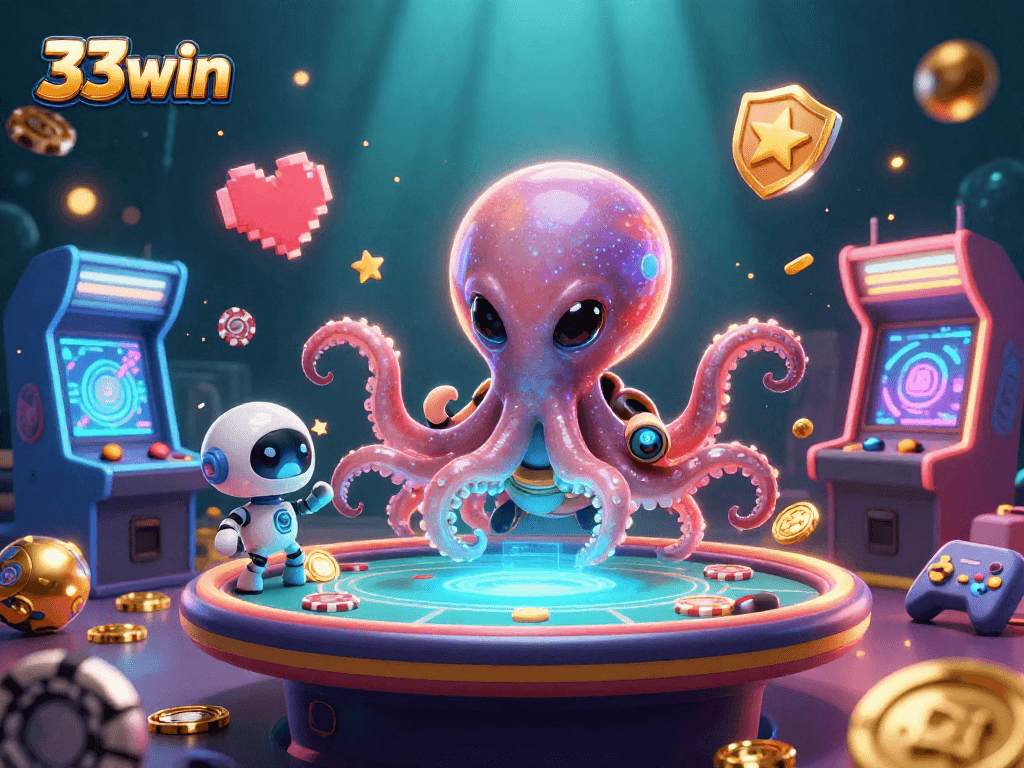 Engage in thrilling poker strategies with 33win's interactive alien casino scene featuring an octopus and robot.