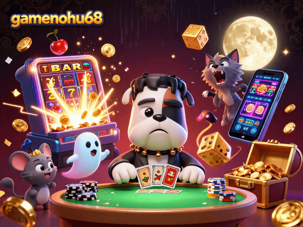Experience thrilling card games with gamenohu68's lively casino scene featuring unique characters!