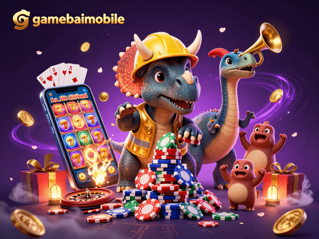 Gamebaimobile showcases vibrant slot gaming with a triceratops and friends in celebration.