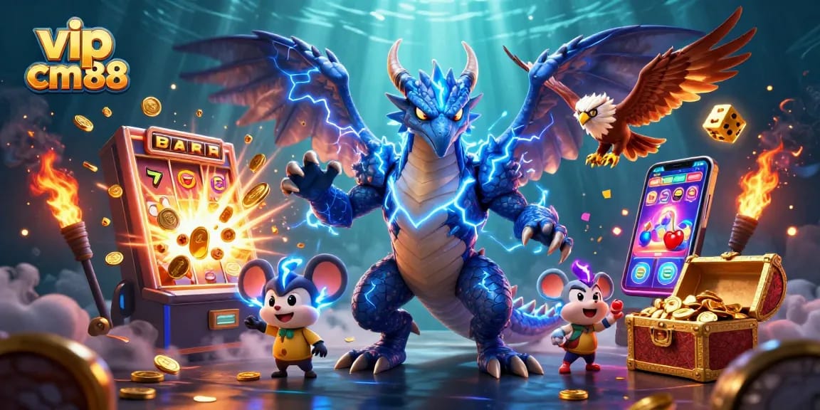 Experience thrilling gameplay with vip cm88 on a colorful slot machine scene bursting with action.
