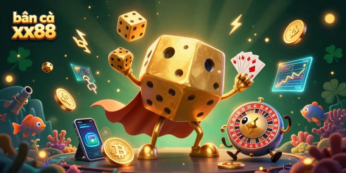 Bắn cá xx88 features a vibrant scene with golden dice characters and underwater elements for thrilling gameplay.