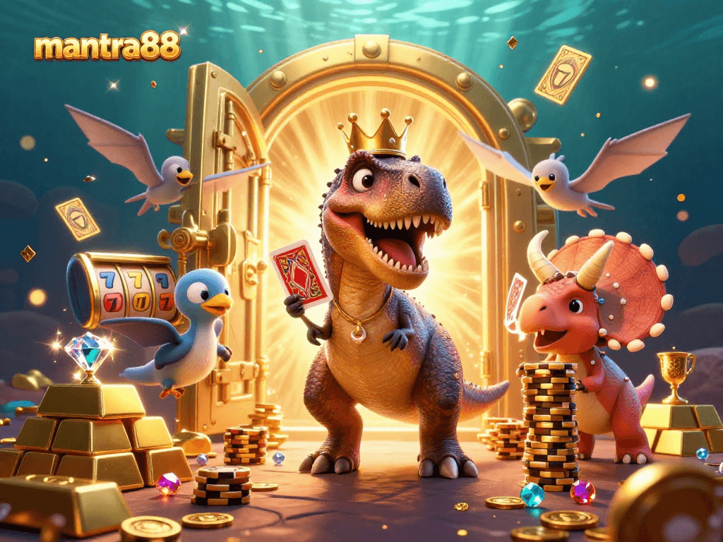 Engage in thrilling action at mantra88 with a T-Rex shuffling cards amid a jackpot scene.