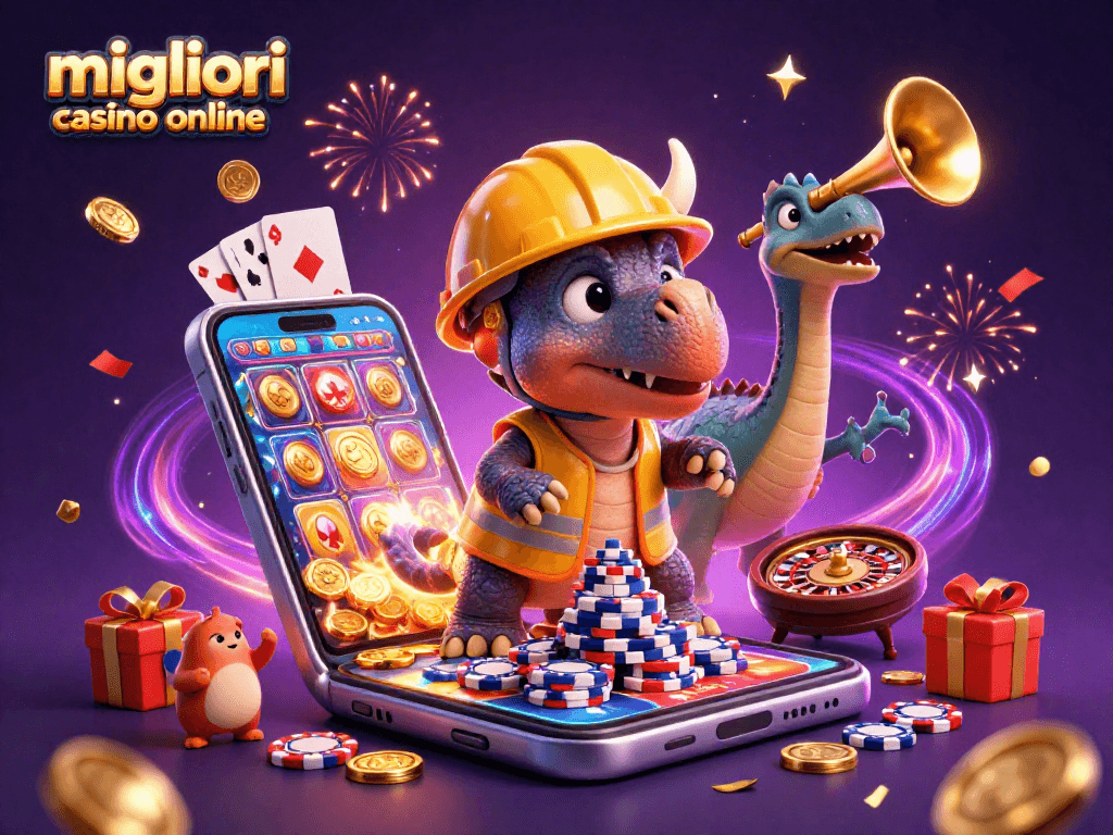 Costruisci con i migliori casino online: un triceratopo celebra tra gettoni e giochi.