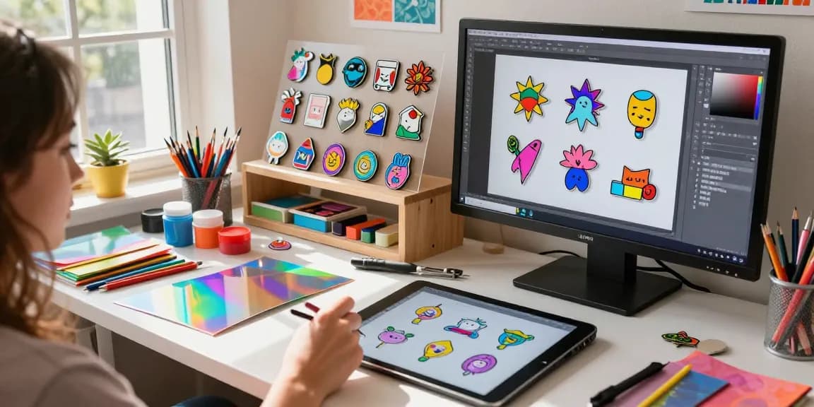 Custom acrylic pins being designed in a vibrant craft studio with holographic materials and art supplies.