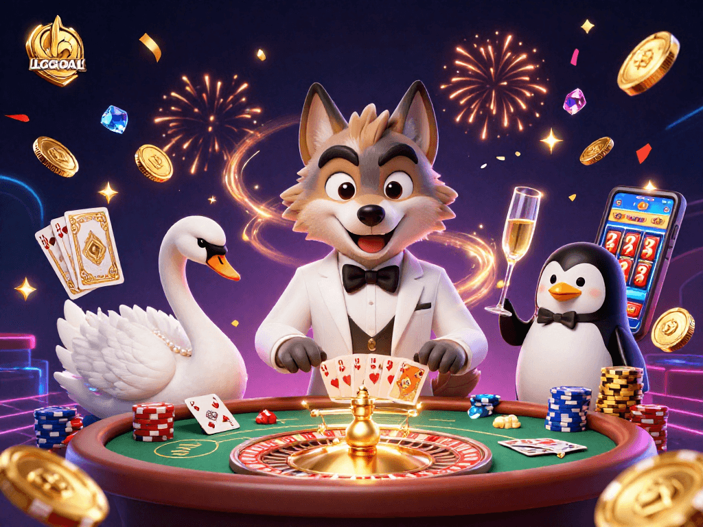 Experience LGOGOAL with thrilling gaming excitement at a bright casino scene featuring 3D characters.