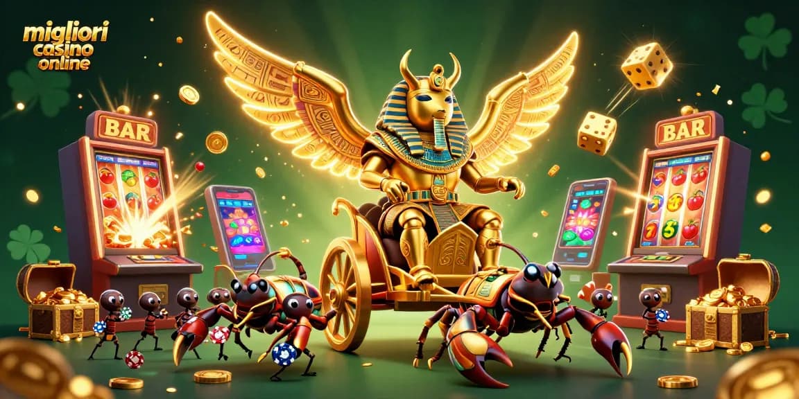 I migliori casino online in un'illustrazione 3D vivace con simboli di gioco e personaggi iconici.