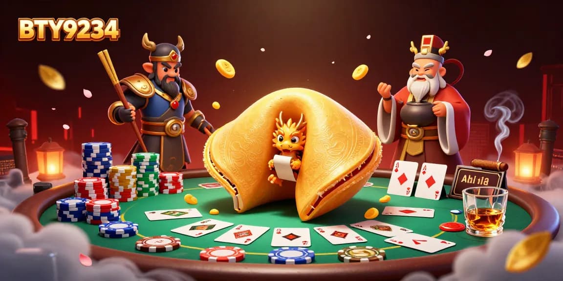 BTY9234 showcases a vibrant 3D casino scene with a golden fortune cookie and playful characters.