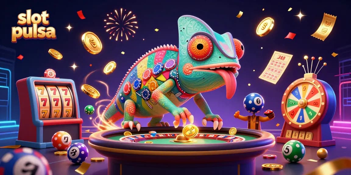 Mainkan slot pulsa dengan chameleon kasino yang menangkap koin emas dalam suasana meriah.