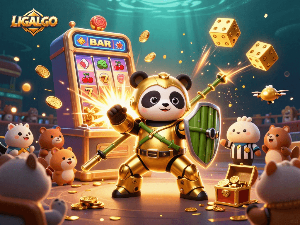 LIGALGO showcases thrilling casino action with a golden panda in an arena filled with excitement.