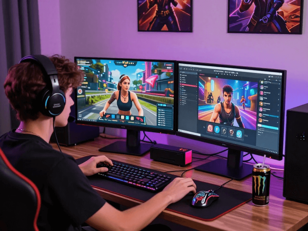 Experience engaging real sex games online at a vibrant gaming setup with dynamic visuals and community interaction.