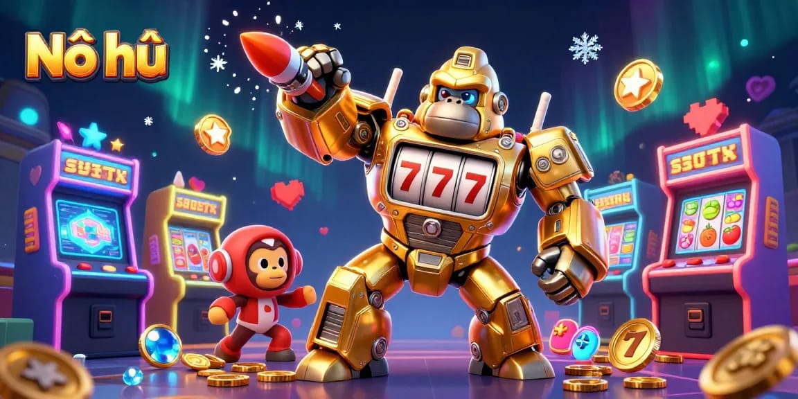 Nổ hũ slot game illustration with a golden gorilla mech and vibrant arcade elements exploding with action.