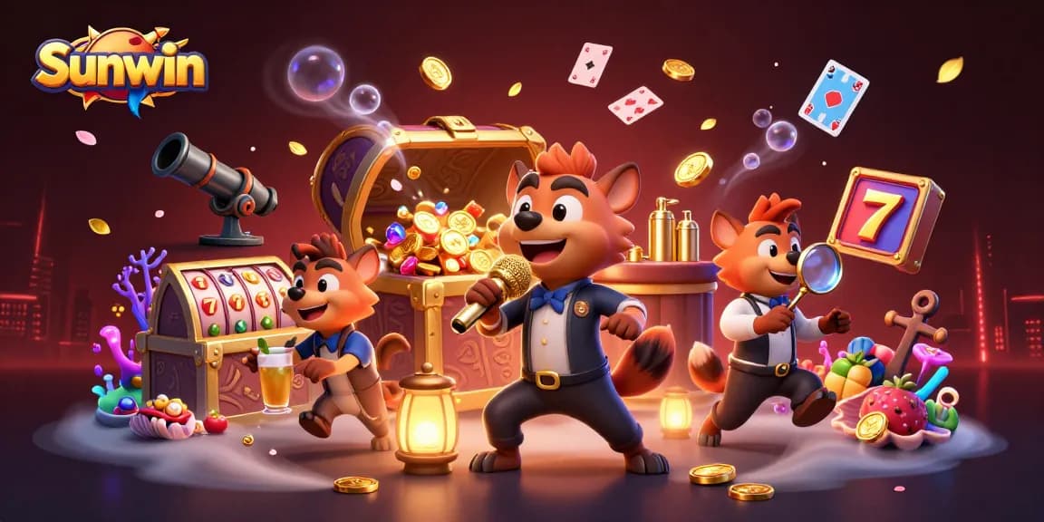 Sunwin enhances gaming with hyenas celebrating at a dynamic casino scene featuring vibrant designs.