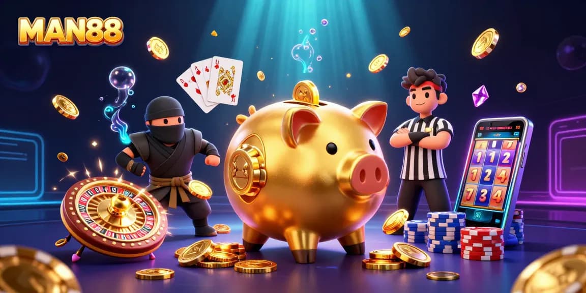 Engage in MAN88 gameplay with golden coins and colorful casino elements radiating from an exciting 3D scene.