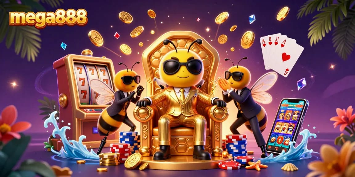 Spin the mega888 reels with a vibrant scene of a cartoon bumblebee mob boss and colorful game elements.
