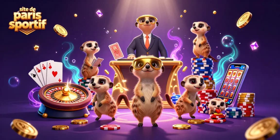 Illustration dynamique d'une colonie de meerkats gérant un site de paris sportif captivant avec roulette et jetons.