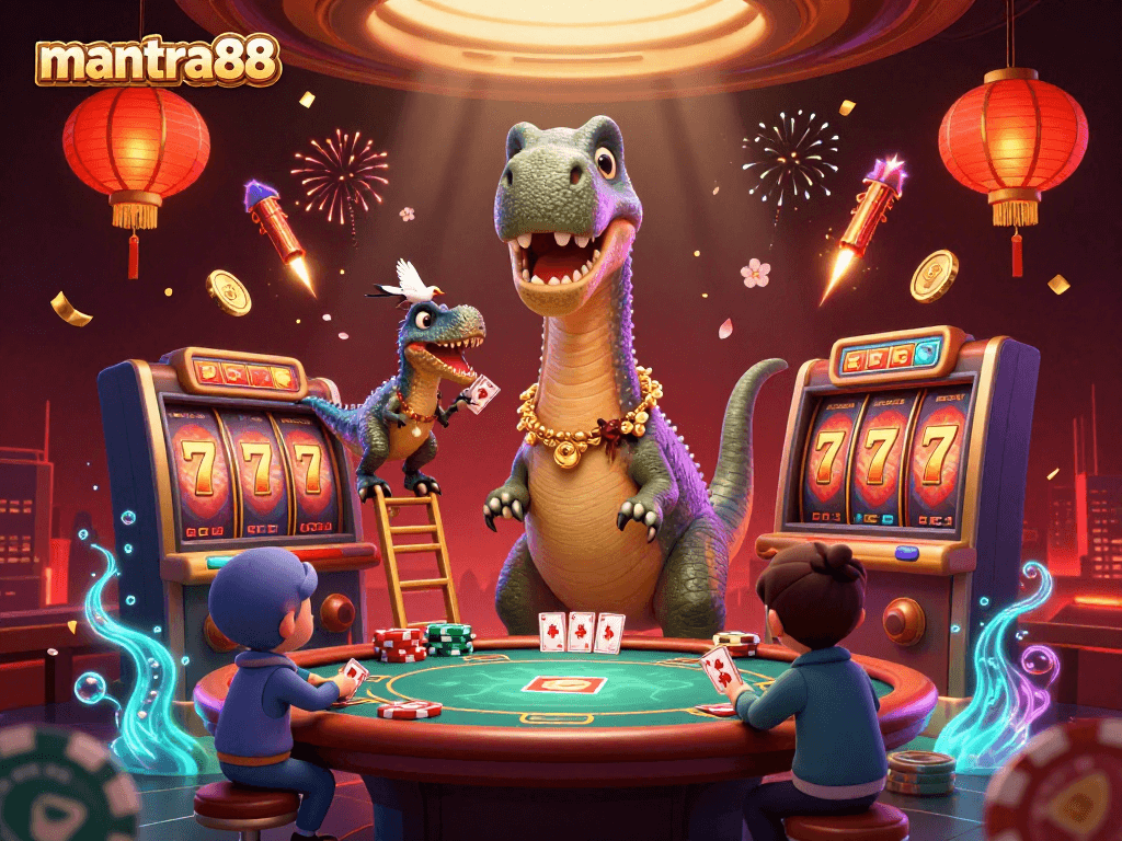 Experience the excitement of mantra88 with a vibrant casino scene featuring a brontosaurus and raptor card dealer.