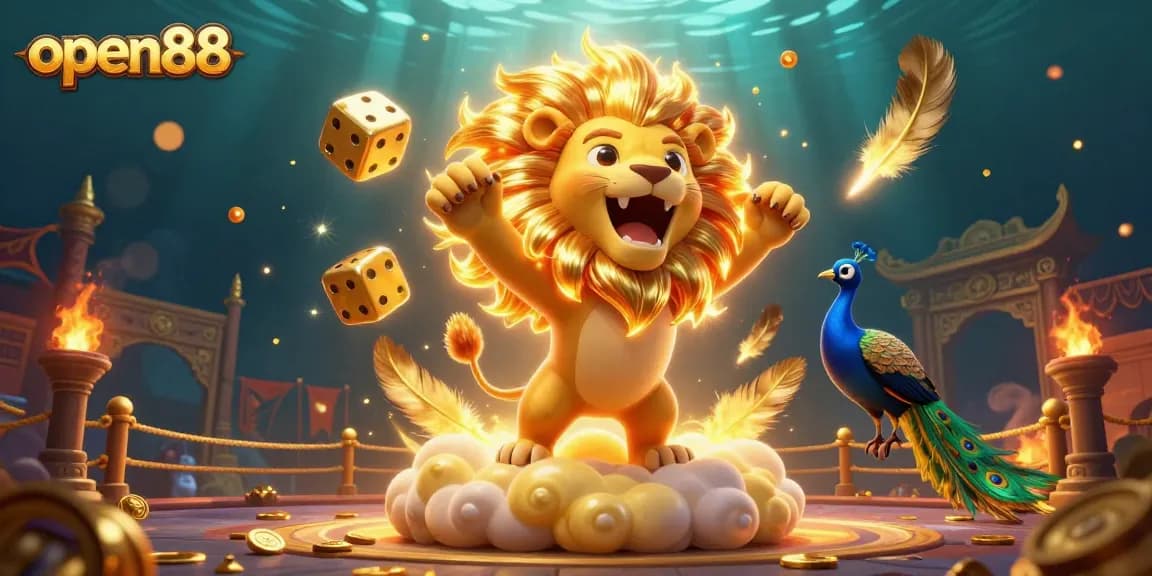 Experience open88 with an exciting scene of a majestic lion and golden dice in a vibrant casino setting.
