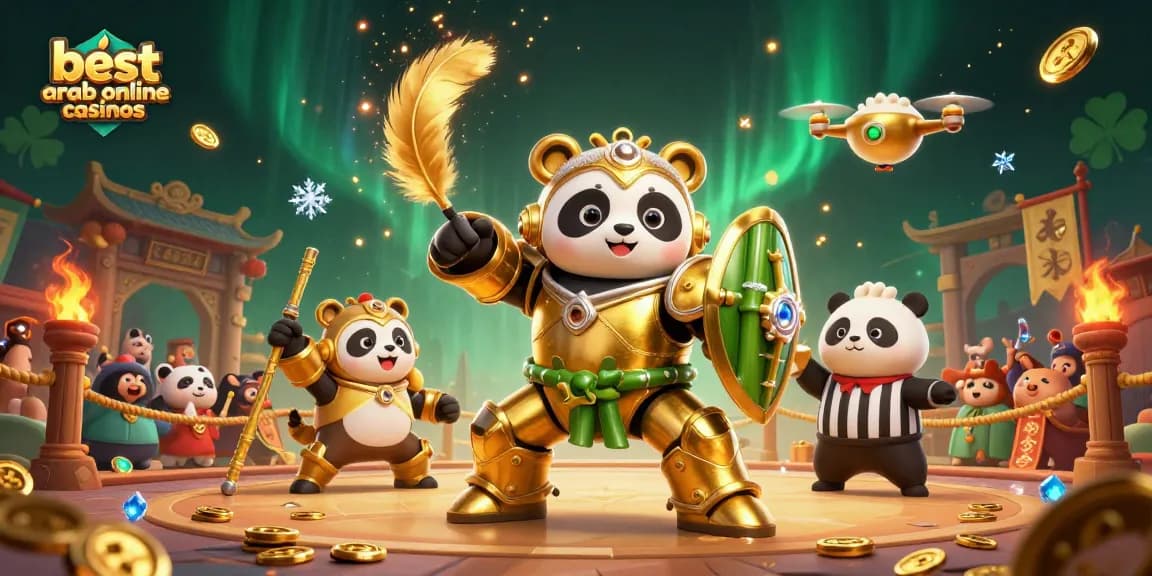 Experience the best arab online casinos with a vibrant, dynamic 3D casino illustration showcasing a golden panda in a thrilling arena.