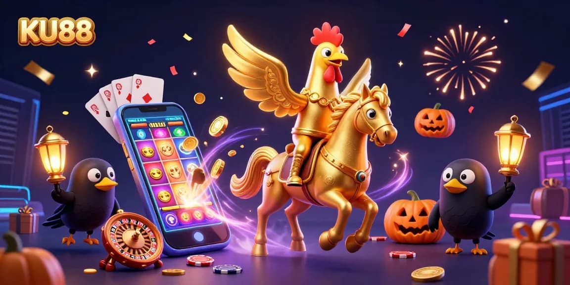 KU88 showcases a vibrant casino scene with a golden rooster and magical elements, emphasizing excitement.