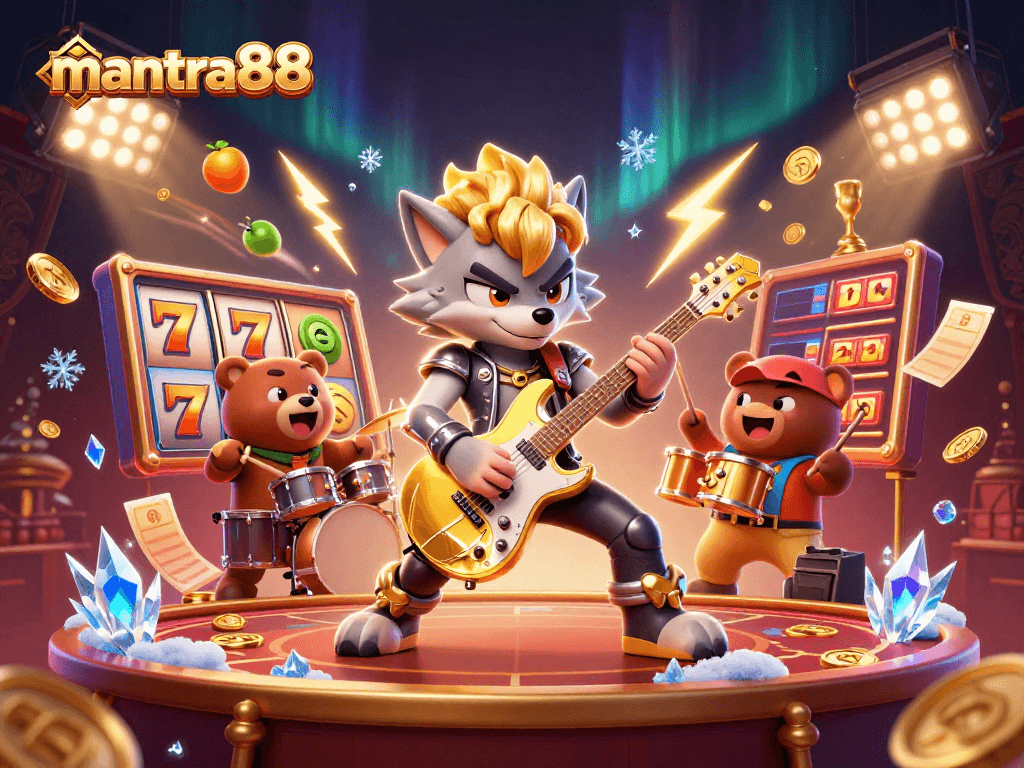 Win big with mantra88 slots in a vibrant 3D casino scene featuring a rock star wolf.