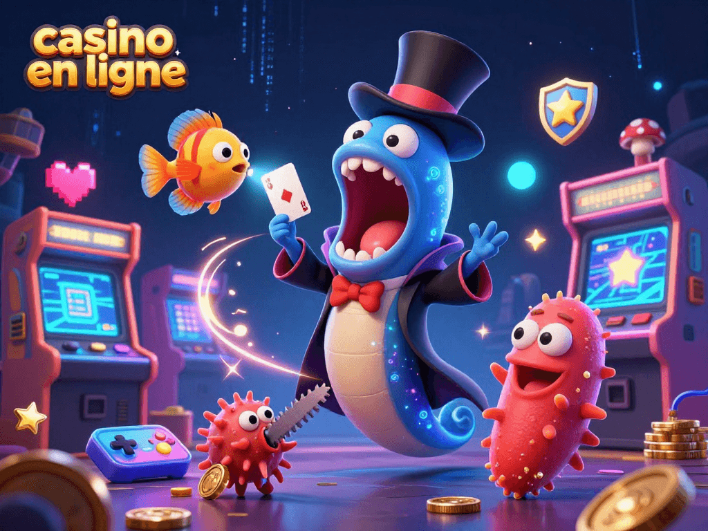 Jouez au casino en ligne avec une illustration vibrante de l'anguille gulper et d'autres personnages amusants.