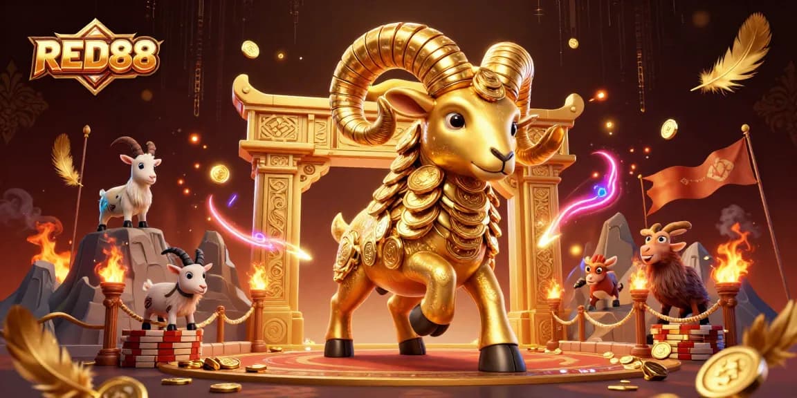 Engage in thrilling action with RED88 as a golden ram charges at a casino gate.