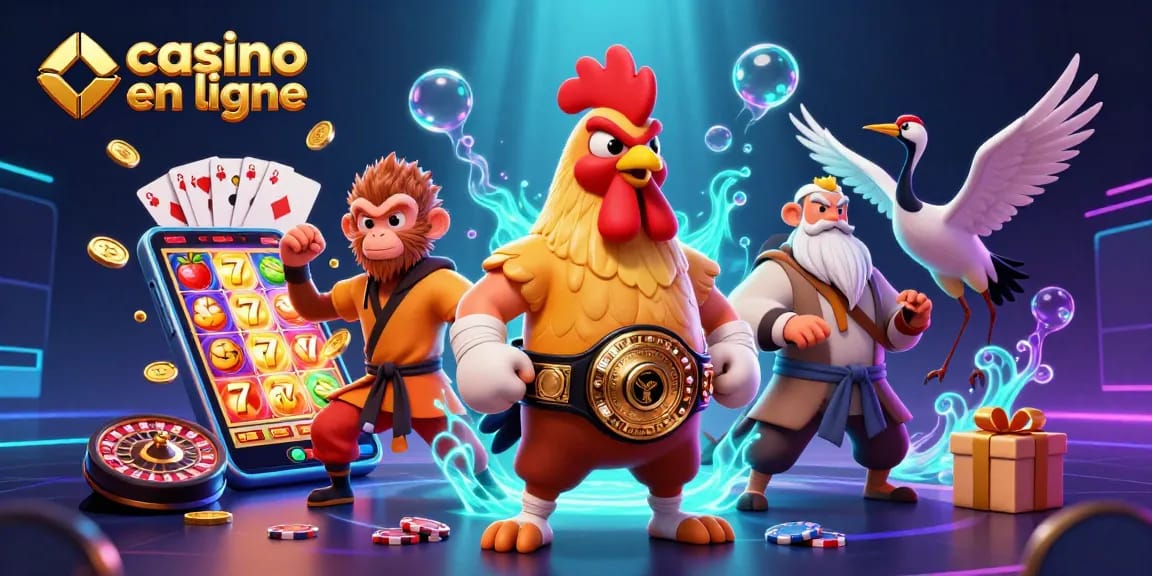Jouez au casino en ligne avec une illustration 3D colorée présentant des personnages de combats et des éléments de jeu captivants.