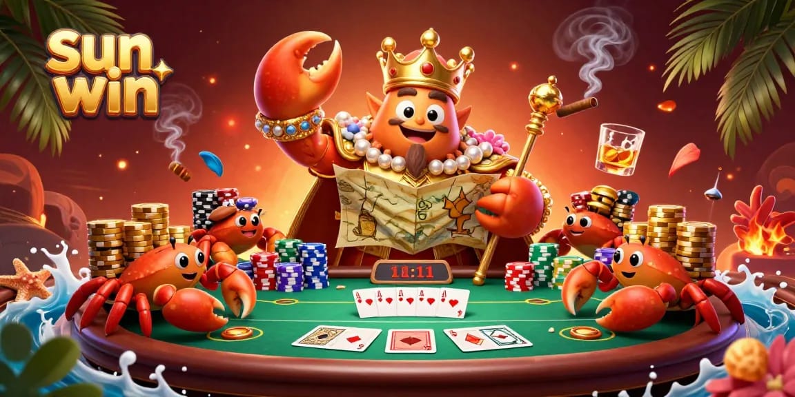 Experience thrilling poker action with sun win in a vibrant casino scene filled with a golden crab emperor.
