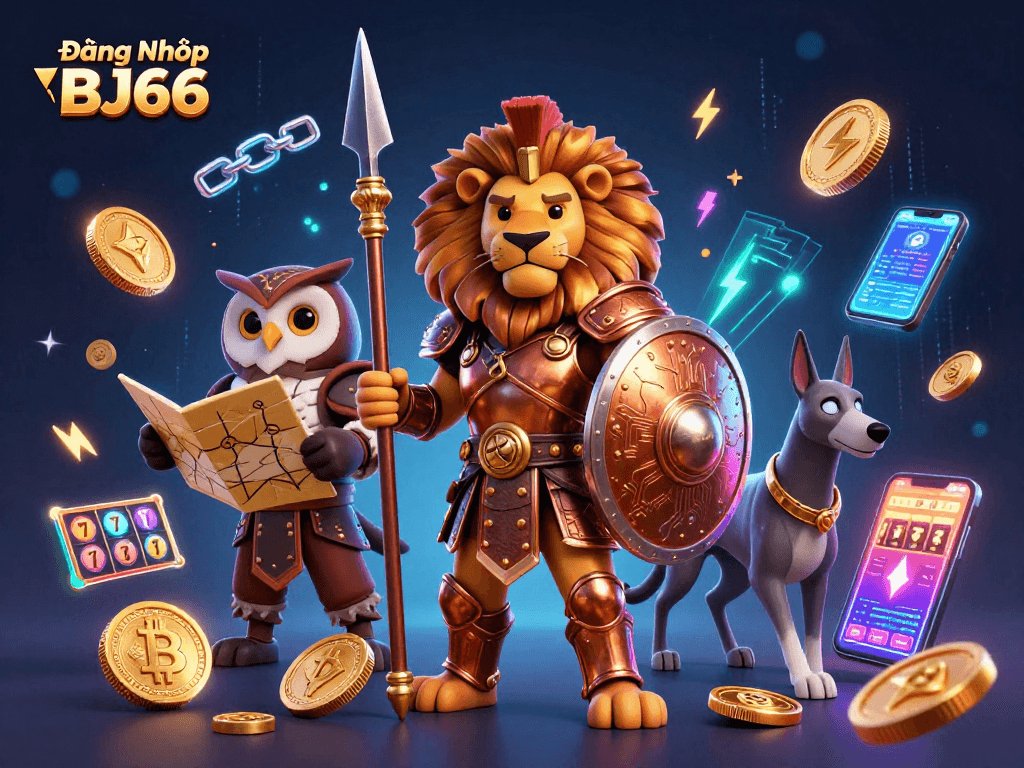 Đăng Nhập BJ66 với chủ đề cá cược sống động, thể hiện slot, biểu tượng jackpot và nhân vật 3D độc đáo.