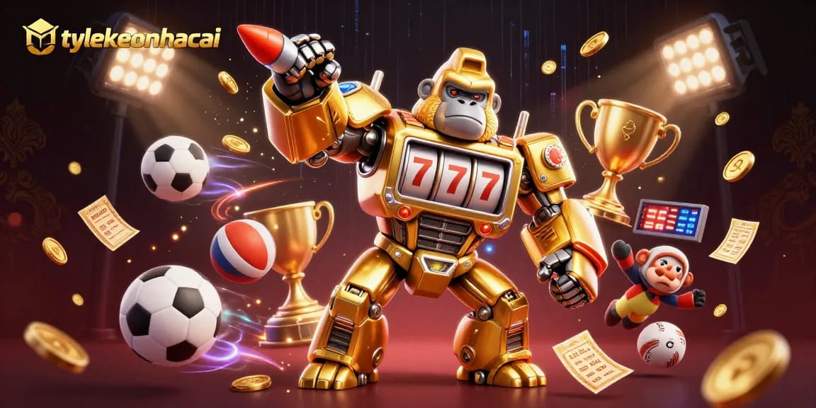 Engage with tylekeonhacai's thrilling gaming world featuring a golden gorilla mech amidst dynamic sports elements.