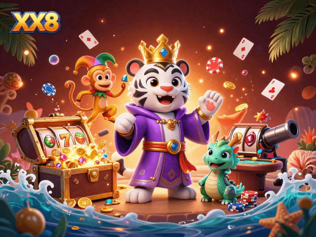 Experience the vibrant energy of XX8 in this dynamic casino illustration featuring playful characters and gaming elements.