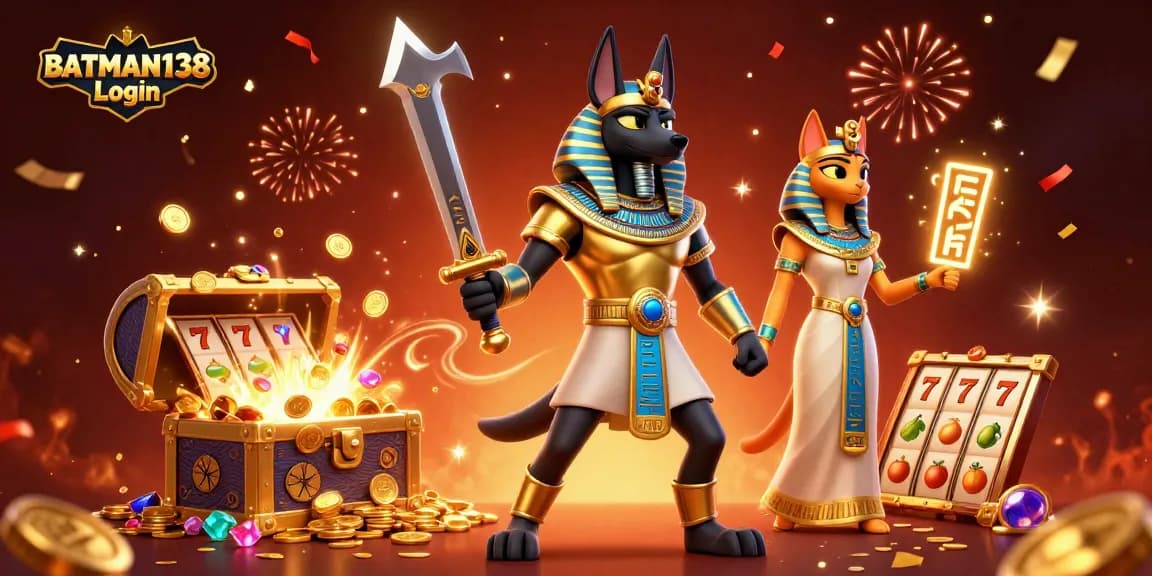 Menangkan pengalaman bertaruh di BATMAN138 Login dengan karakter Anubis dan Bastet dalam ilustrasi 3D serotonin.