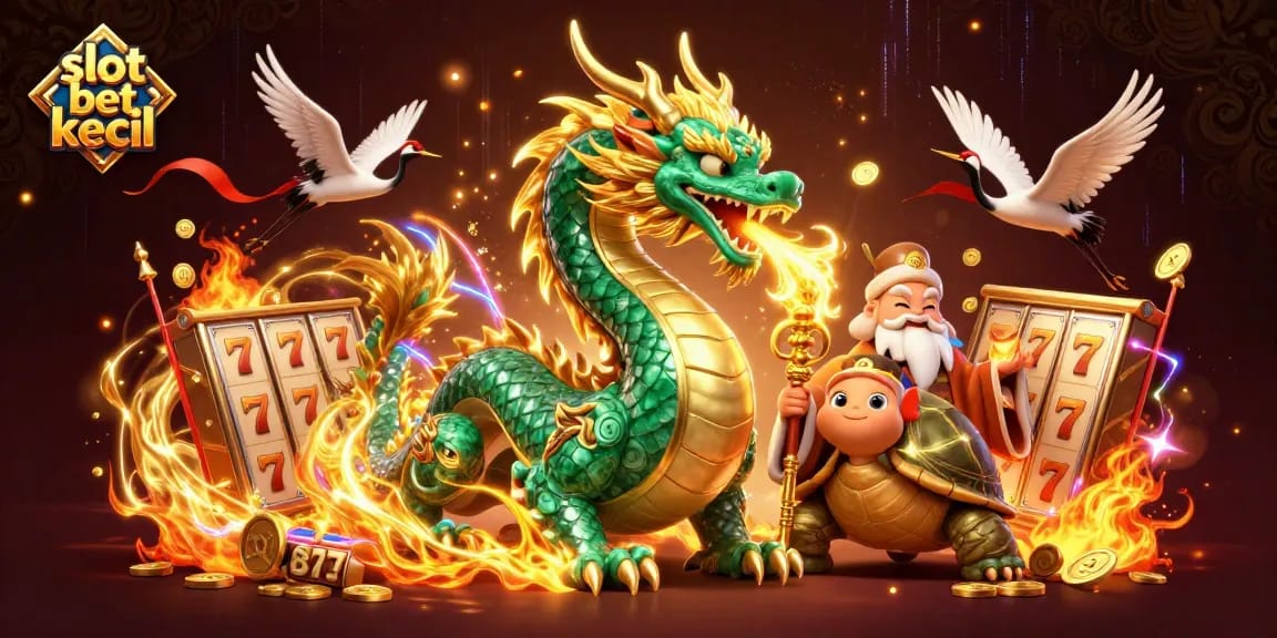 Slot bet kecil menampilkan naga giok besar dan simbol slot yang menggiurkan.