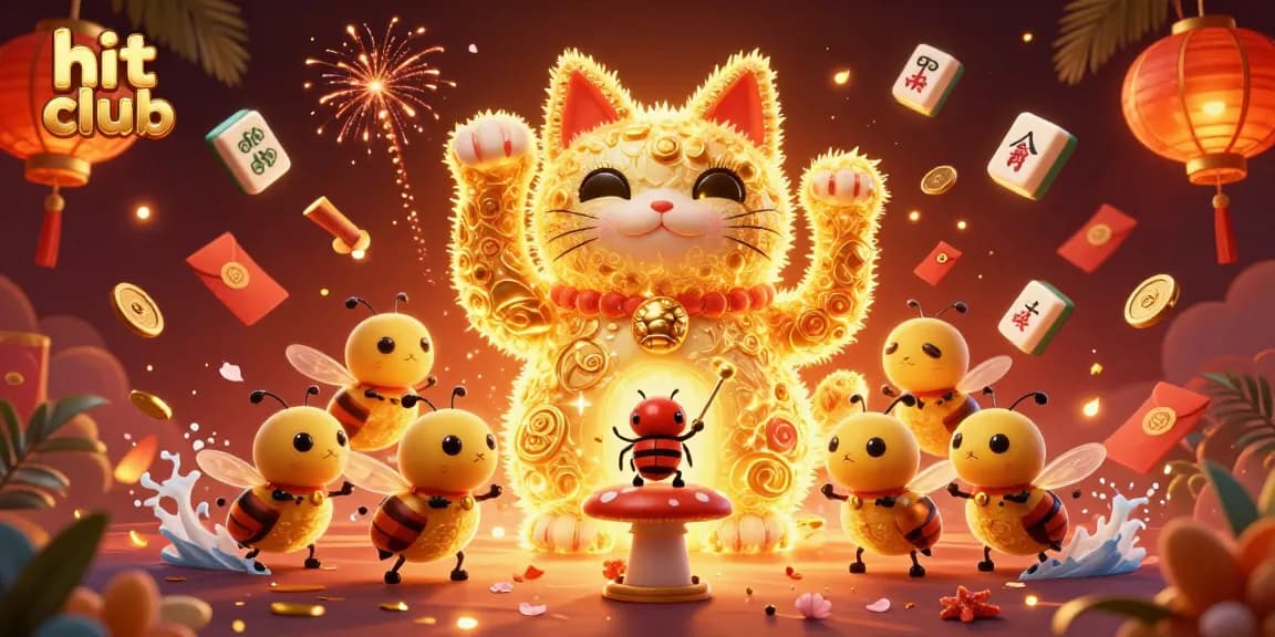 Spin the reels at hit club as fireflies form a lucky cat amidst vibrant casino symbols.
