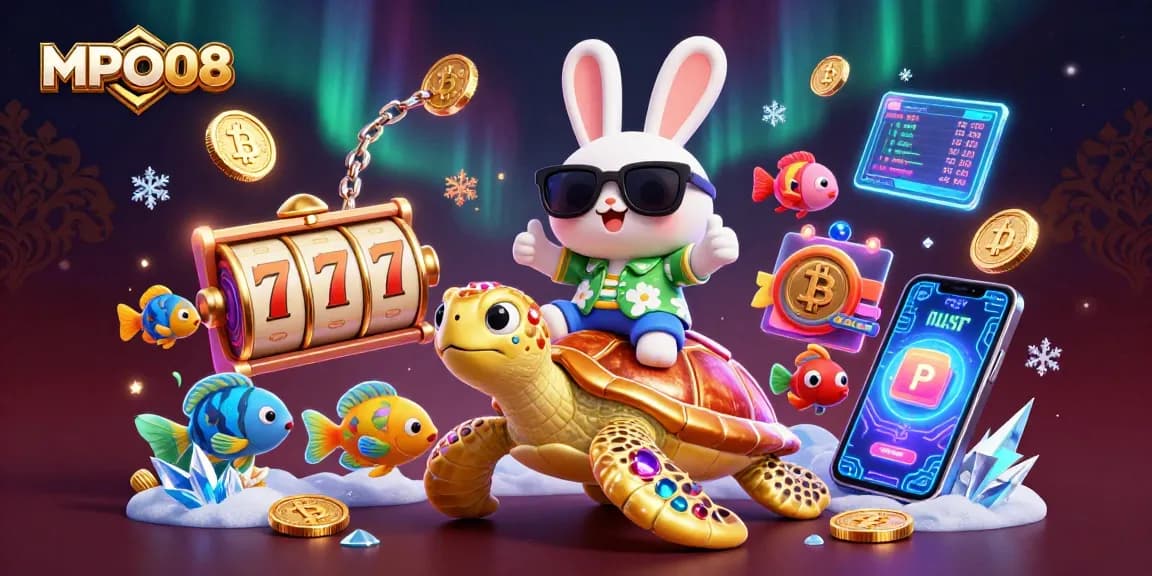 MPO08 offers exciting slot games with lively characters riding a golden turtle among vibrant crypto elements