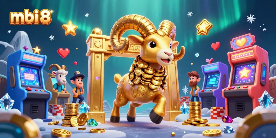 Experience excitement at mbi 8 with dynamic casino games and golden rewards in this vibrant illustration.