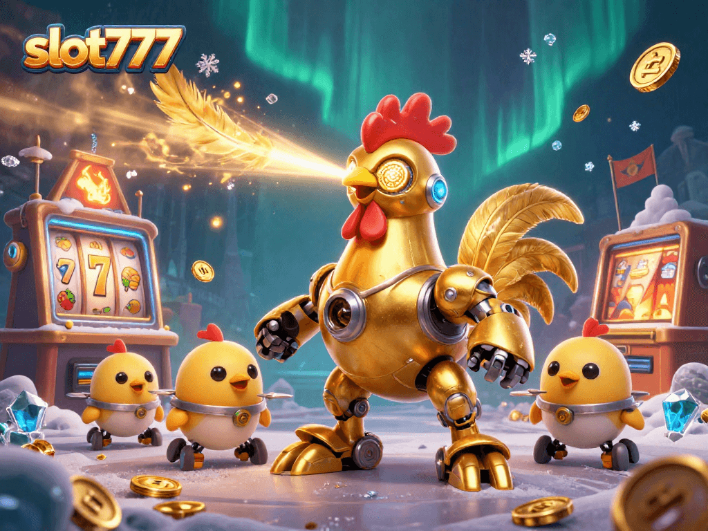 Engage in thrilling play at slot777 with a 3D robot rooster and baby chick drones surrounded by gold coins and exciting slot machines.