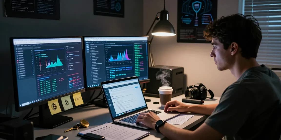 Analyst reviewing Best Darknet Markets 2026 with multiple screens, notes, and cryptographic tools in a security-focused workspace.