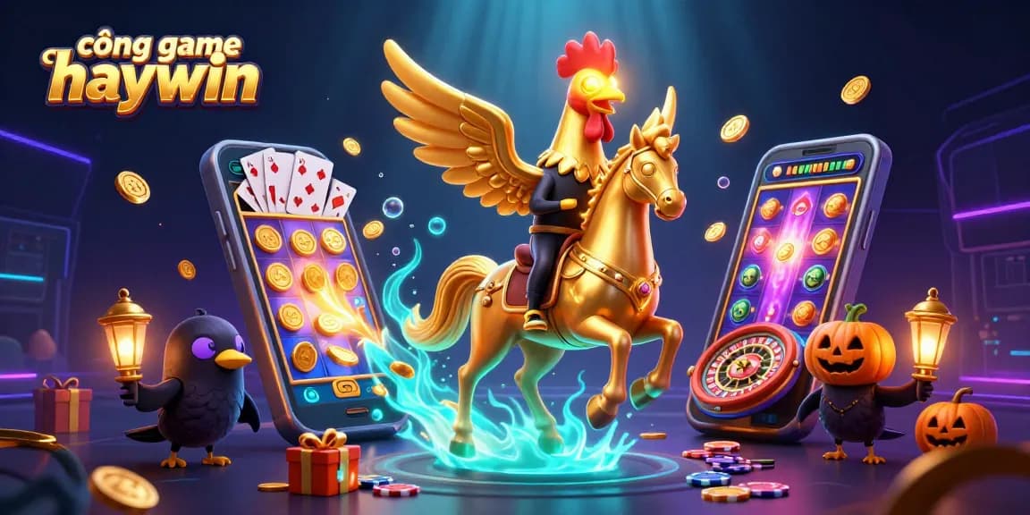 Engage in the vibrant action of cổng game haywin with golden rooster riders and a dynamic casino scene.