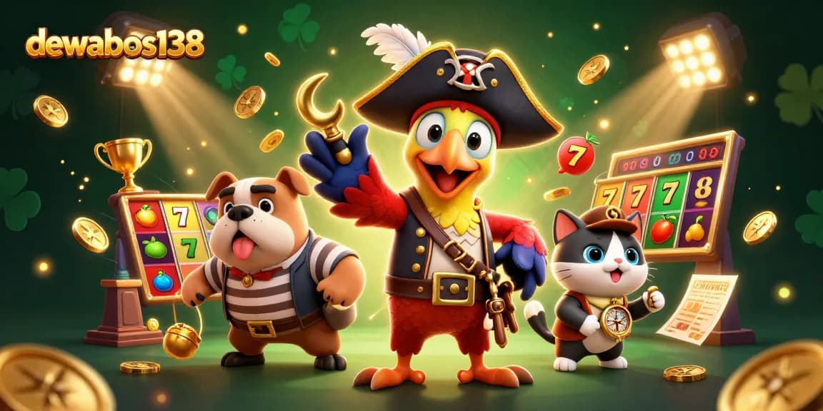 Dewabos138 showcases a lively 3D casino illustration featuring a pirate captain and friends enjoying slots and jackpots.