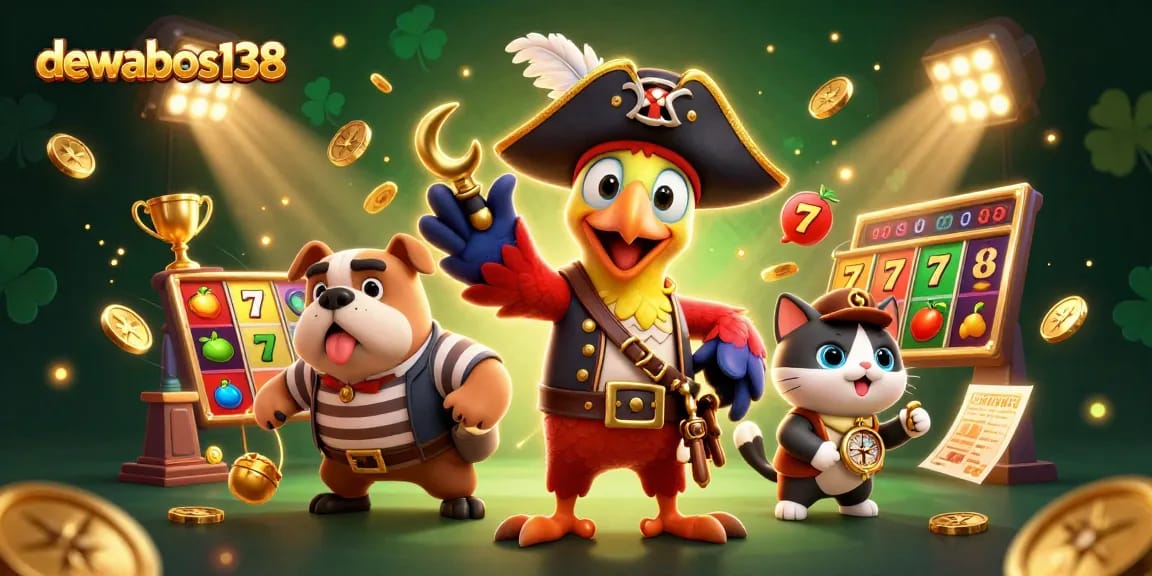 Dewabos138 showcases a lively 3D casino illustration featuring a pirate captain and friends enjoying slots and jackpots.