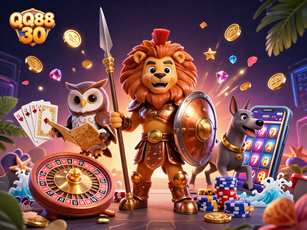 Experience thrilling moments at QQ88 30 with a dynamic illustration of a Spartan lion, tactical owl, and swift greyhound amidst casino excitement.