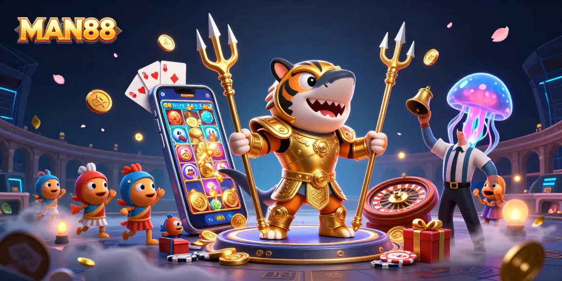 Experience the excitement of MAN88 with a captivating underwater casino scene featuring a gladiator shark.