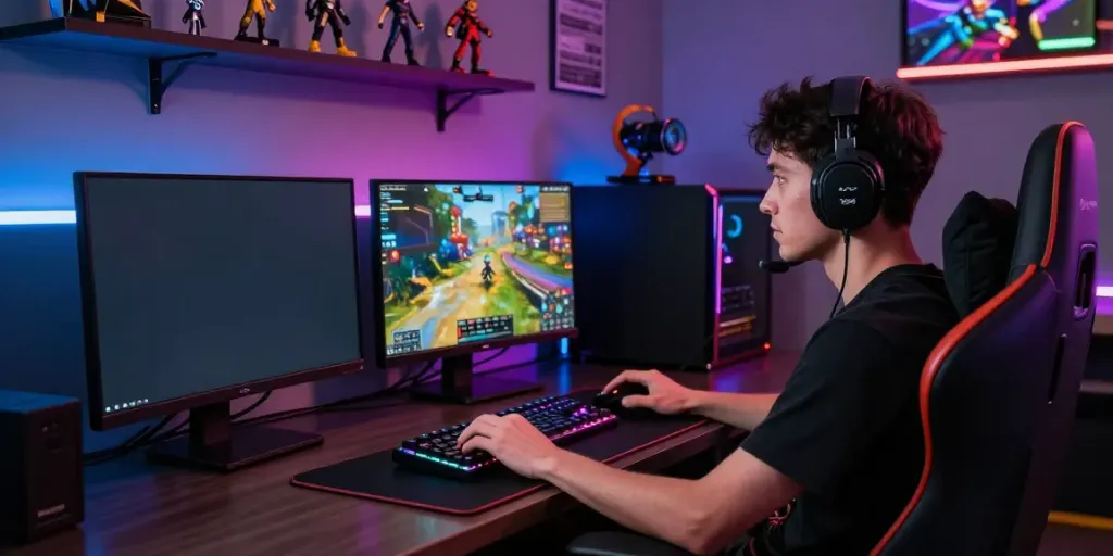 Gamer at home using singatoto link on multiple screens in a vibrant gaming setup.
