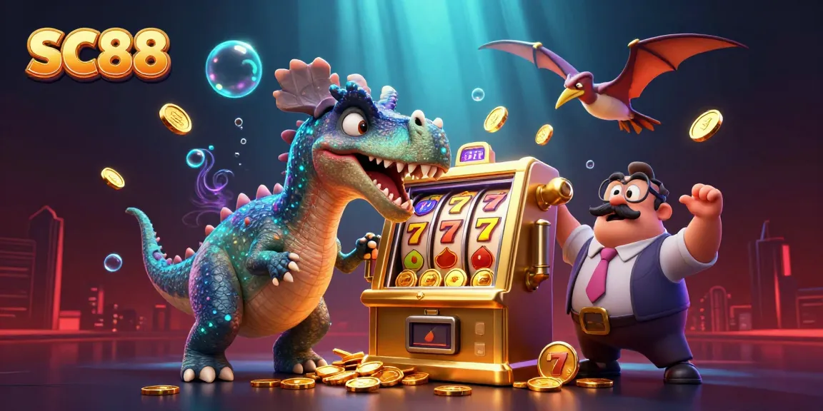 SC88 features a cartoon dinosaur triggering a jackpot at a golden slot machine, celebrating gambling excitement.