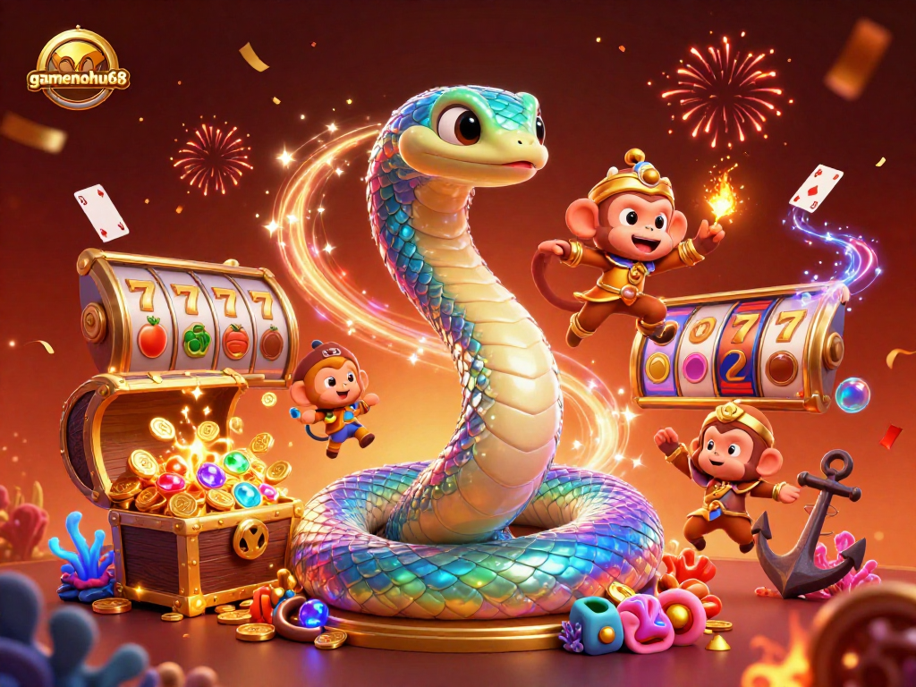 Experience magical gaming fun with gamenohu68's vibrant casino journey featuring rich, animated characters.