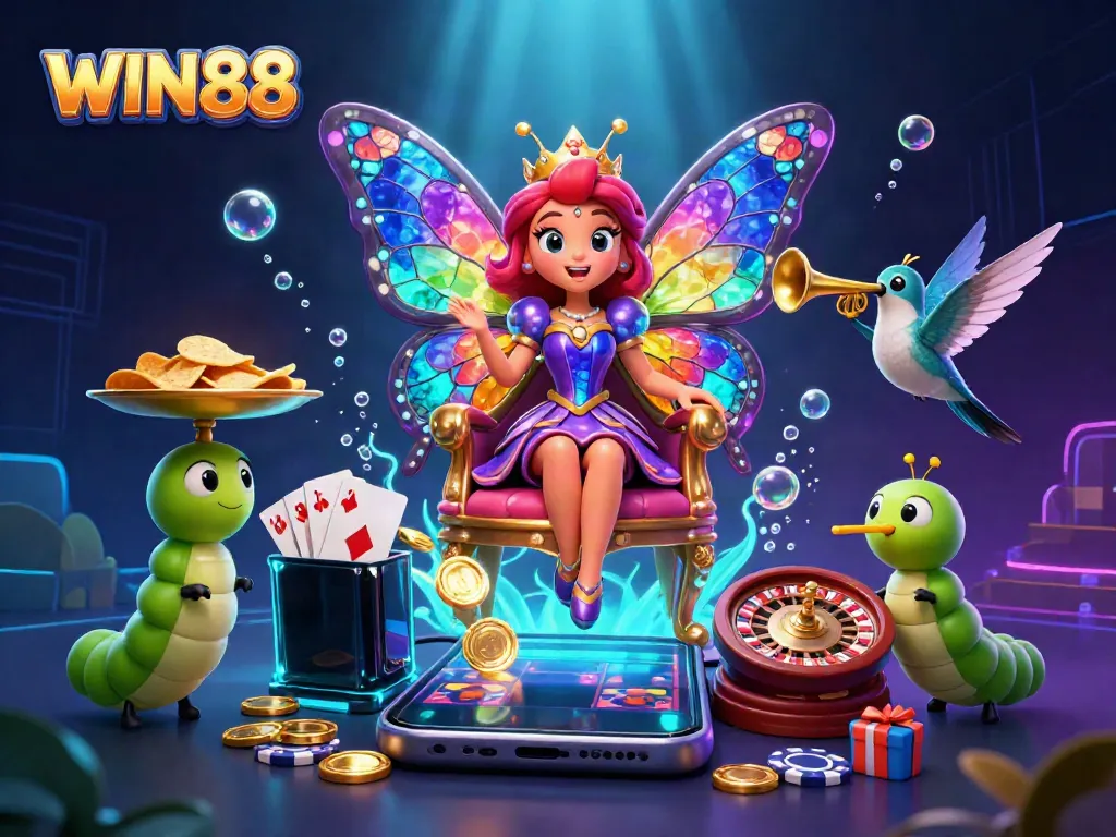Experience the excitement of WIN88 with this vibrant 3D illustration depicting a casino scene.