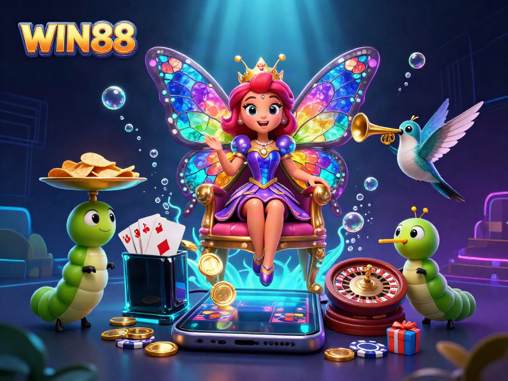 Experience the excitement of WIN88 with this vibrant 3D illustration depicting a casino scene.